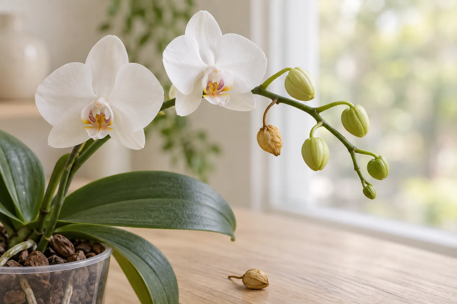 Portada ilustrativa: Phalaenopsis con flores blancas, botones verdes y un botón seco antes de abrir