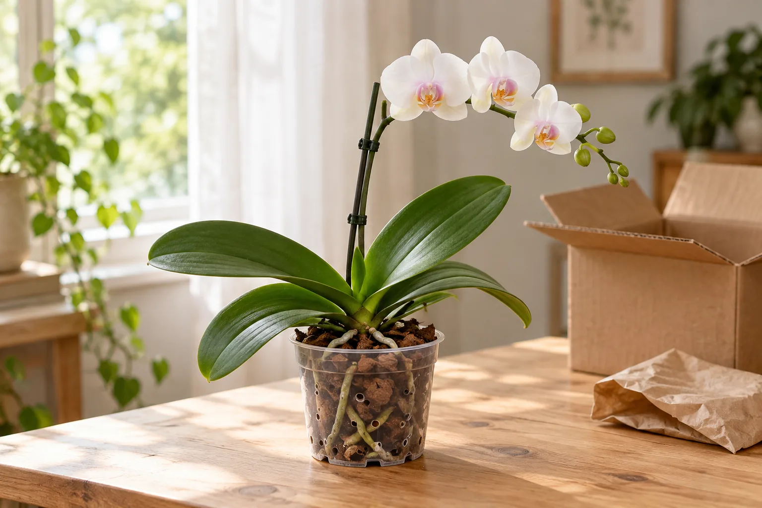Portada ilustrativa: Phalaenopsis blanca en macetero transparente junto a una caja abierta y papel de embalaje