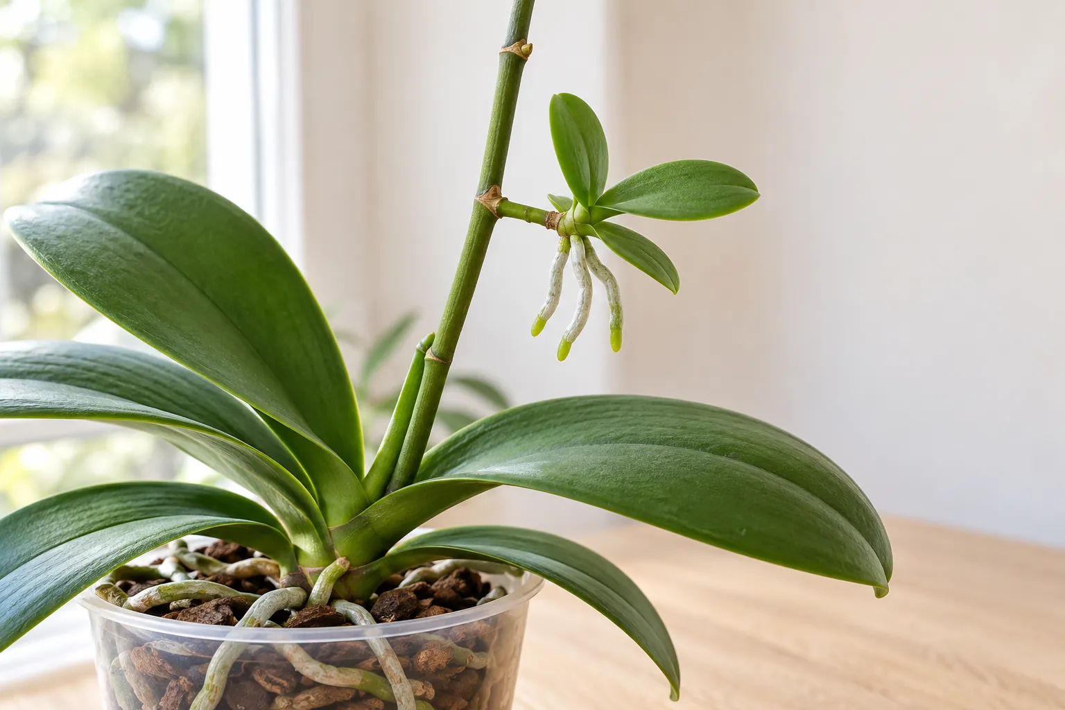 Portada ilustrativa: keiki de Phalaenopsis con hojas pequeñas y raíces propias, unido a un nudo de la vara floral
