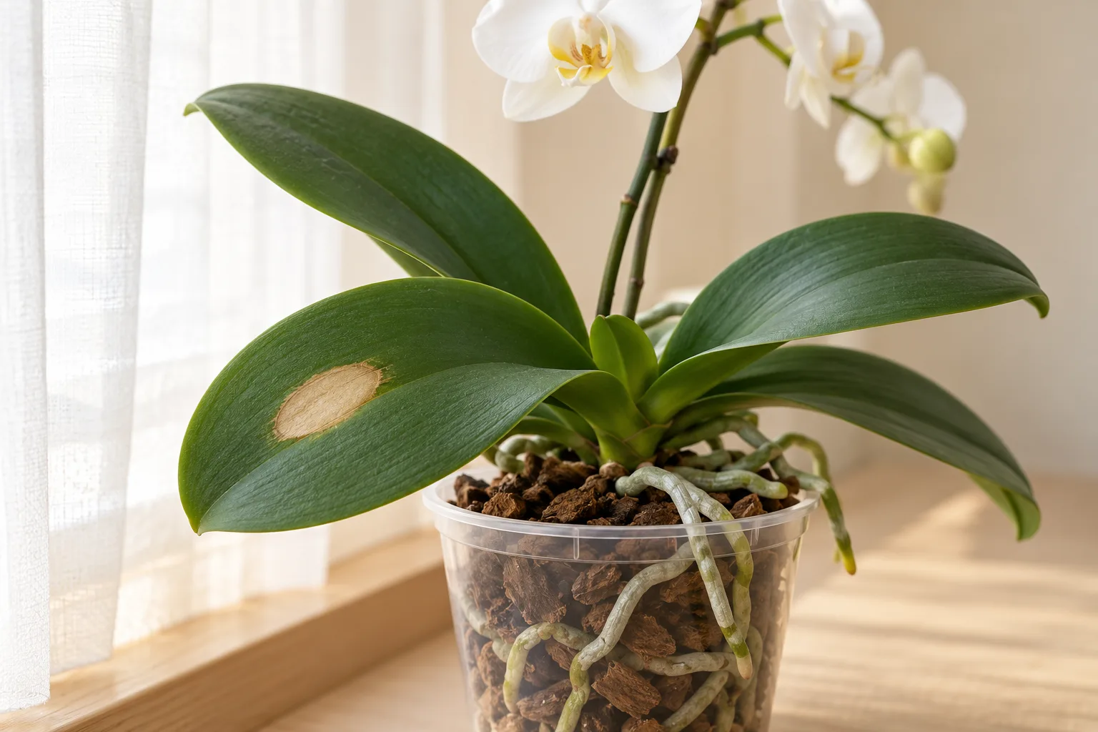 Portada ilustrativa: Phalaenopsis junto a una cortina, con una lesión seca clara localizada en una hoja verde