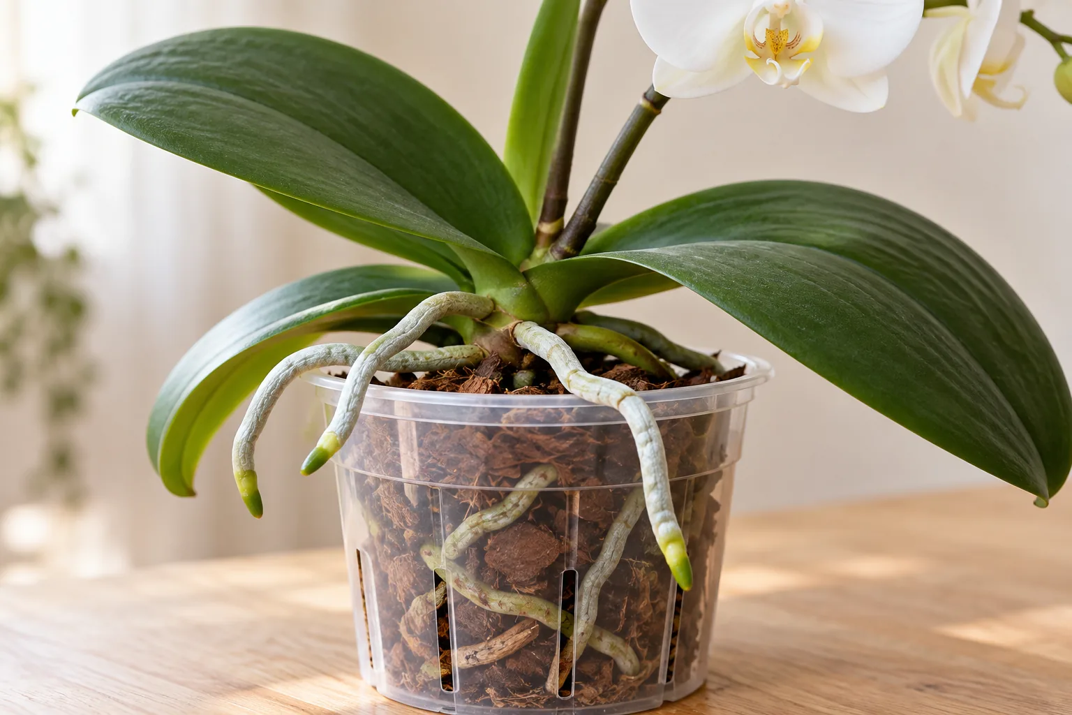 Portada ilustrativa: raíces aéreas plateadas con puntas verdes fuera del macetero transparente de una Phalaenopsis