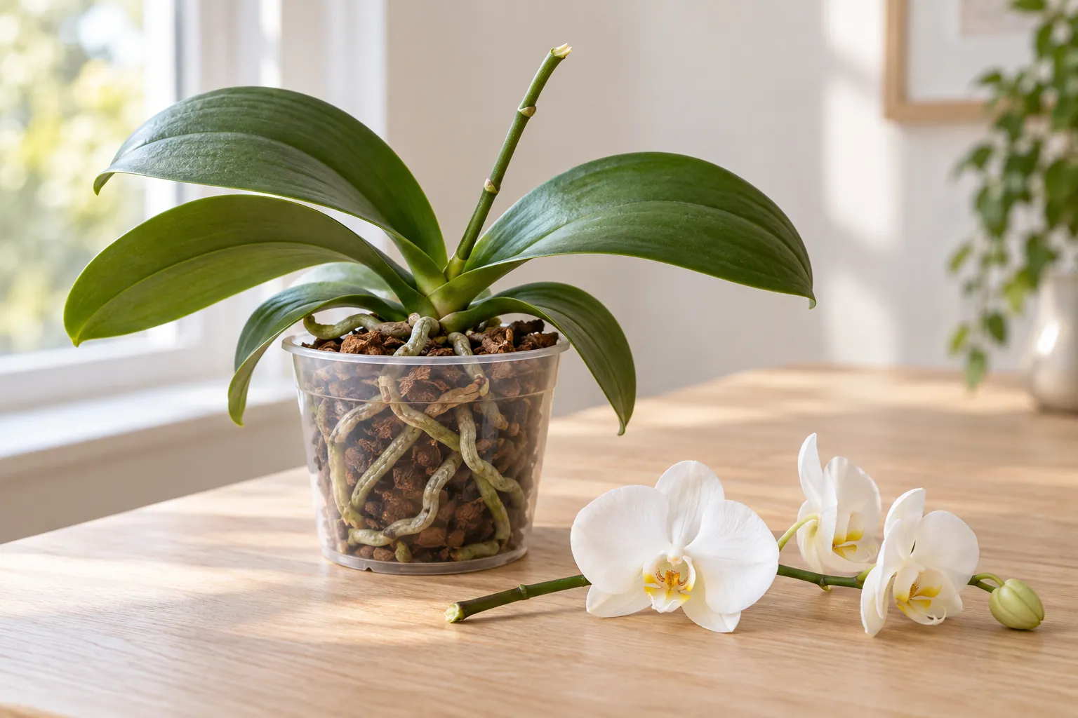 Portada ilustrativa: Phalaenopsis con una vara quebrada y el tramo de flores blancas separado sobre una mesa